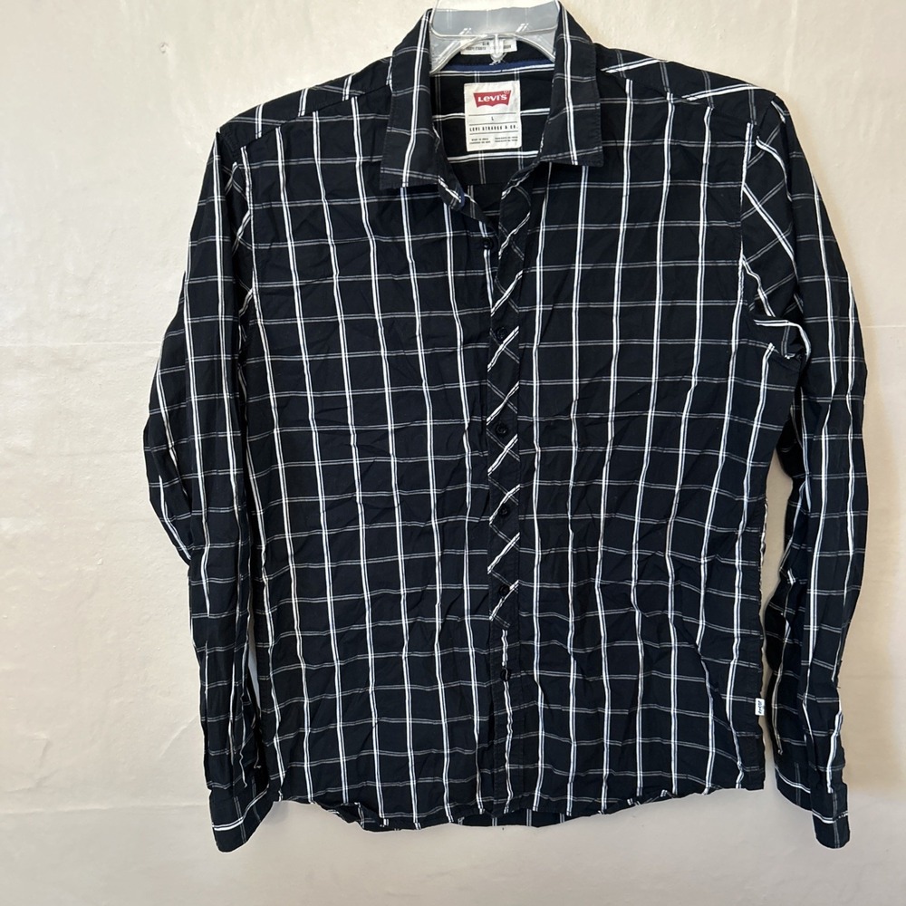 Levi's Size Large Black Plaid Long Sleeves Button Front Shirt Slim Fit‎